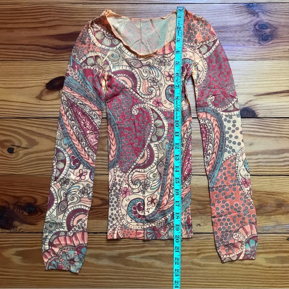Sheer Orange Red Nude Paisley Long Sleeve Top, NWT, XS - Picture 3 of 7